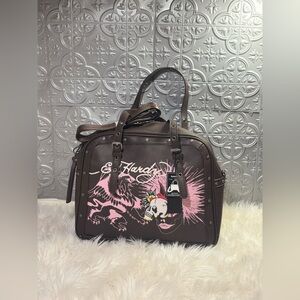 Ed Hardy nwt brown pink skull faux vegan leather large tote weekender bag purse